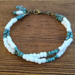 Ladies Double Beach Beaded Bracelet, Handmade, White and Blue